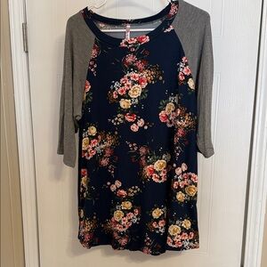 Floral Long Sleeve Women's Top in Navy and Gray